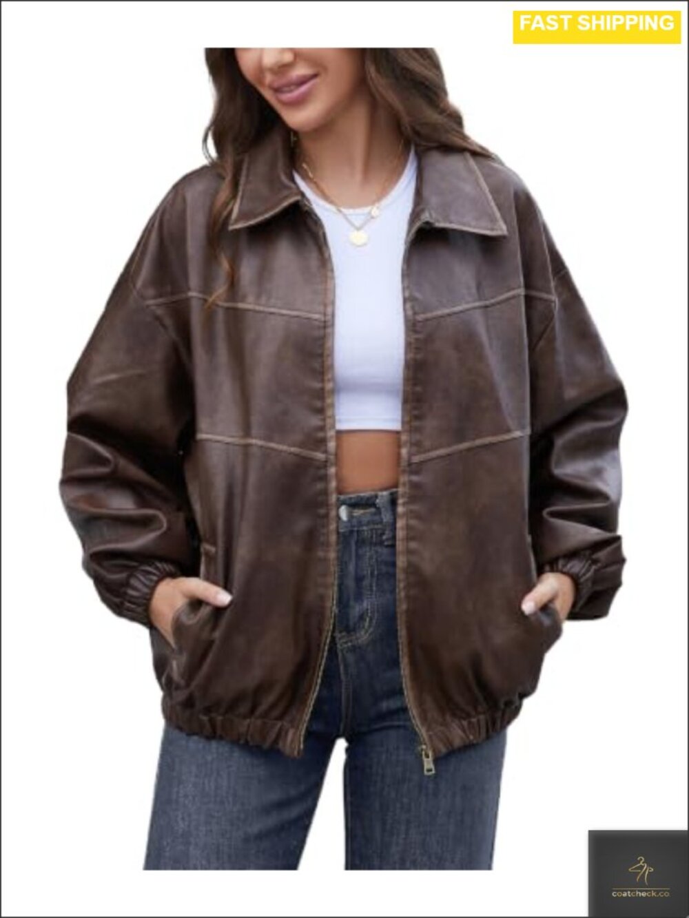 Faux Leather Oversized Moto Jacket Distressed Bomber Y2K Vintage